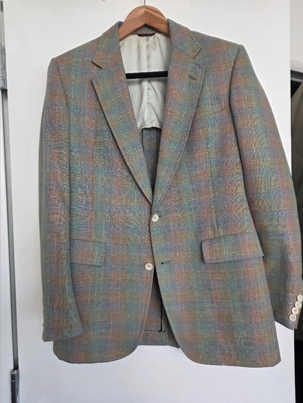 Vtg Hart Schaffner & Marx Silk Linen Plaid Blazer 40L 36.5